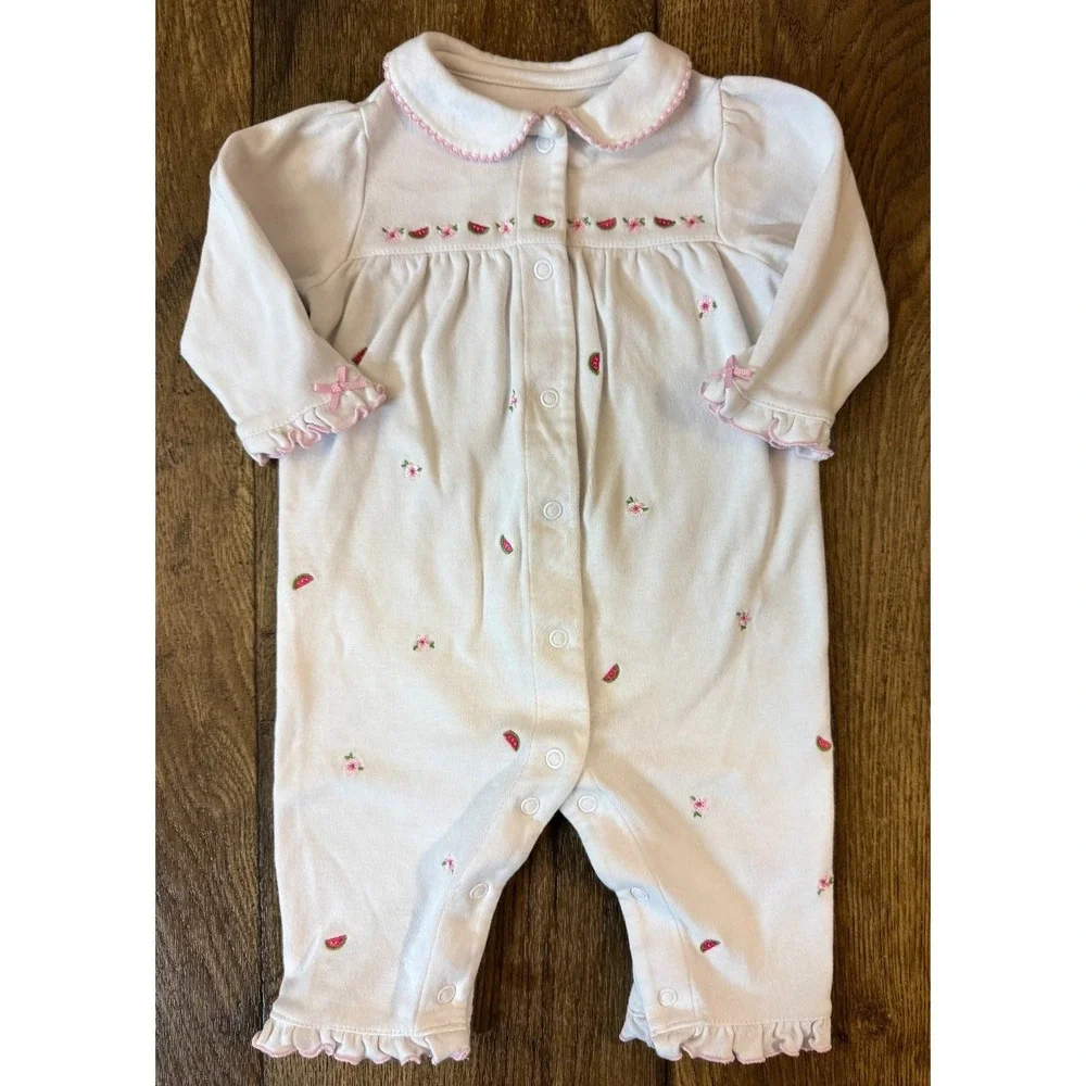Vintage Carters Baby Girls 6 Months Romper Embroidered Fruit Pleats Round Collar
